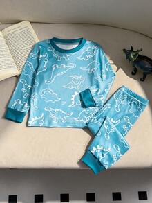 Lurzo Spring/Autumn Baby Pajamas, Multiple Dinosaur Print Crew Neck Long Sleeve Top And Pants Set, Comfortable And Warm Fabric, Suitable For Home, Gathering, Party Wear - Blue - View 4