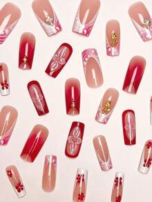 Bộ 24 móng giả Y2K, phong cách ngọt ngào và quyến rũ, độ dài trung bình, họa tiết chấm bi hồng gradient kiểu Pháp, hoa hồng vàng 3D và trang trí ngọc trai, phù hợp cho sử dụng hàng ngày, hẹn hò Valentine, tiệc tùng và các dịp lễ kỷ niệm. - Nhiều màu - Xem 2