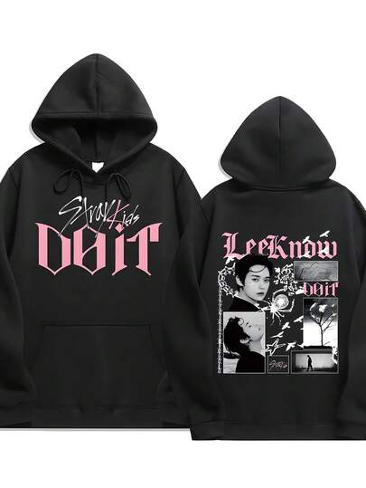 Stray Print Men's K-Pop Hoodie Set, Men's Casual Graphic Design Pullover Hoodie Sweatshirt With Pockets, Streetwear Style, Perfect As A Gift For Winter And Fall.