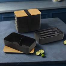 1pc Portable Leak-Proof Lunch Box With Cutlery, Japanese Bento Box, Adult Bento Box, School Lunch Box, Bamboo Lid Lunch Box, Outdoor Travel Insulated Bag, Stackable, Reusable, Suitable For Back To School, Outdoor Travel, Work, Kitchen Food Storage, School Supplies - Multicolor - View 2