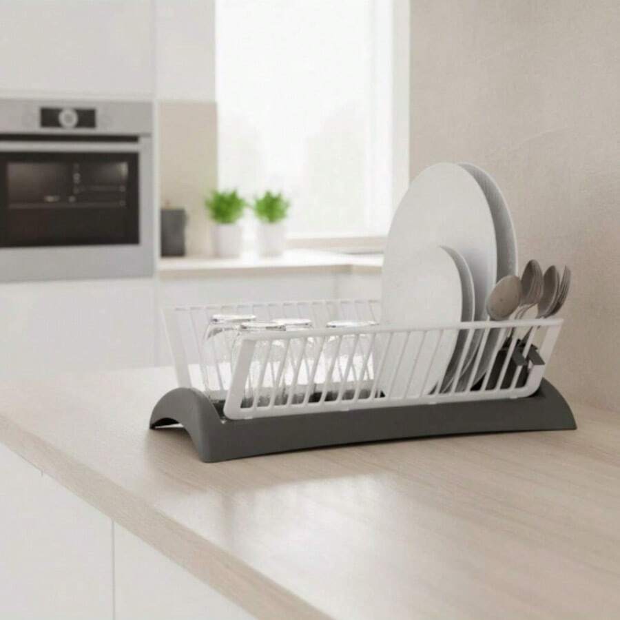 CLICKYA - Escurreplatos Cocina Escurridor de Platos con Bandeja Antigoteo | Organizador de Platos y Cubiertos | Diseño Moderno Doble Color Gris y Blanco | Tamaño 46.5*18.5*14.2cm - Blanco y Negro - Ver 1
