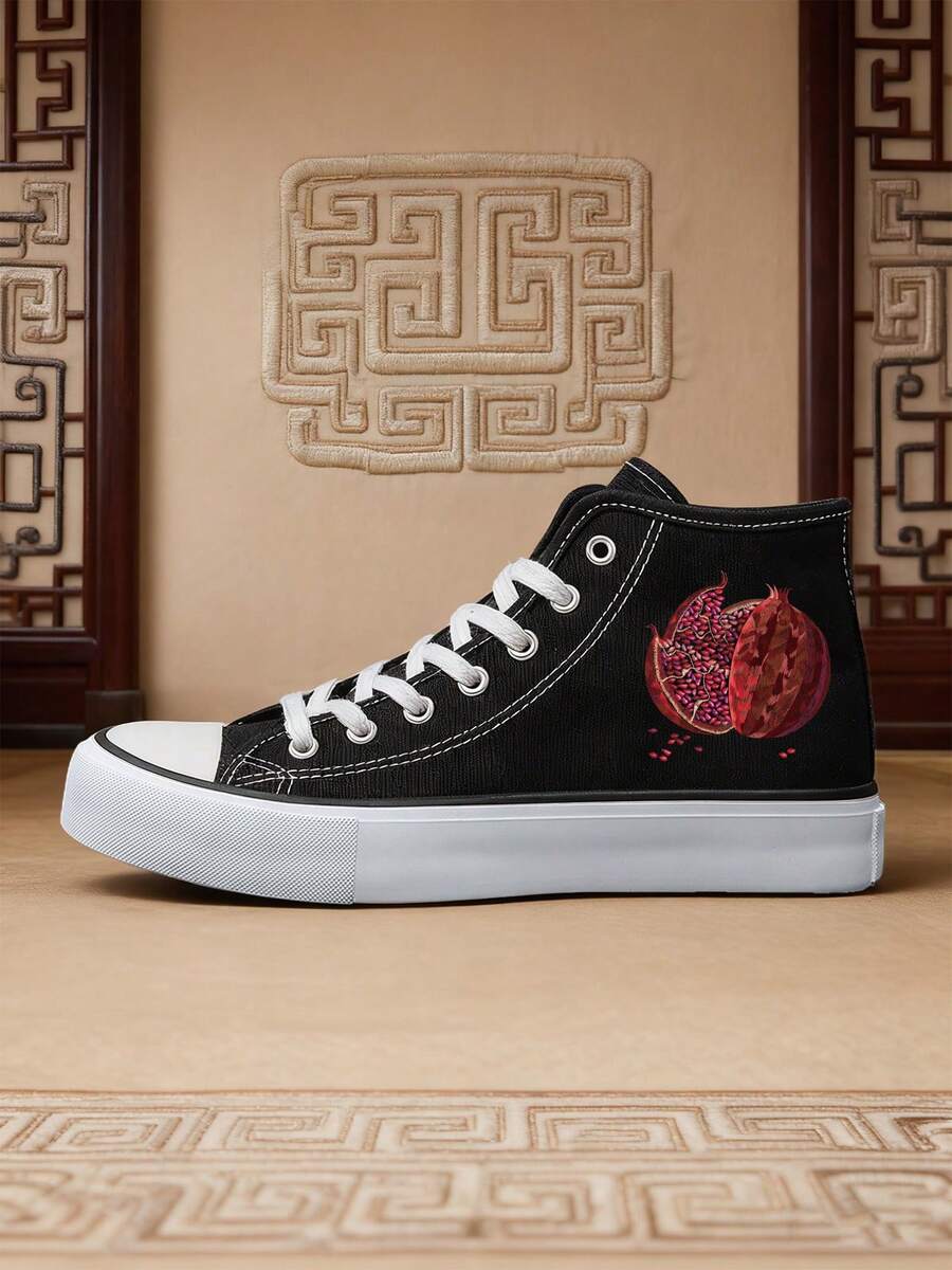 两双装黑白2D石榴刺绣女士休闲运动鞋，创意透气舒适，百搭日常穿着 - 黑色 - 查看 1