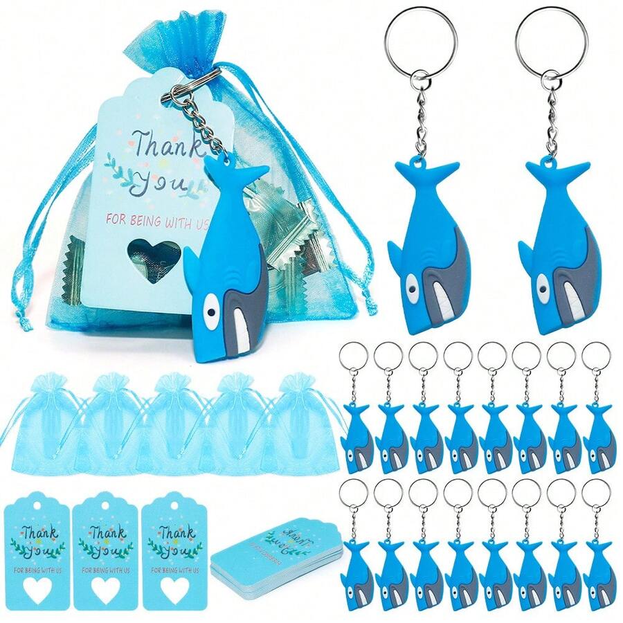 Set, Kit DIY pentru confecționarea brelocurilor cu tematică de rechin, 30 de pandantive cu rechin, 30 de pungi Organen, 30 de felicitări cu etichete de mulțumire, Potrivit pentru brelocuri DIY pentru petreceri cu tematică de rechin, Cadou de ziua de naștere pentru petreceri