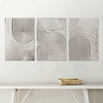 3件套现代墙面艺术海报，抽象帆布画套装 - 优雅的白色和灰色墙面装饰，大地色系，中性色调，禅意艺术，几何线条，乡村风格，禅意花园风格，无框，房间装饰，家居装饰，大学宿舍公寓装饰，酒店、家庭、客厅、卧室、浴室和办公室墙面装饰礼品