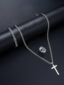 7pcs/Set ,3pcs/Set ,2pcs/Set Men's Cross Pendant Necklace, Hollow Chain Bracelet, And Ring Set, Stainless Steel, Non-Allergenic, Non-Fading, Sports, Business, Luxury Casual Gifts - Multicolor - View 15