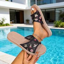New Women's Mesh Embroidered Flat Slippers, Mesh Material With Large Floral Embroidery Design, Suitable For Beach, Vacation, Outdoor, And Home Wear - Black - View 15