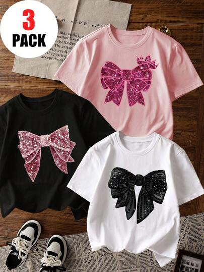 3pcs/Set Girls Casual Printed Round Neck Short Sleeve T-Shirt, Summer Student Young Children Clothing - Colorful Bow Print T-Shirt Brings Joy And Happiness To Every Child!