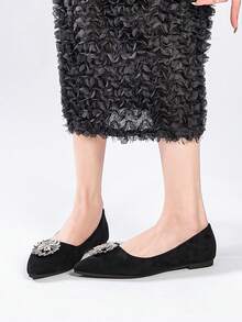 1双法国麂皮鞋，新款春秋季女鞋，尖头，水钻圆扣，平底鞋 - 黑色 - 查看 5