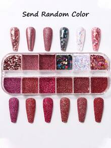 12格亮红色糖霜指甲闪粉全息幻彩薄片颜料粉优雅婚礼新年情人节凝胶指甲油美甲装饰 - 彩色 - 查看 3
