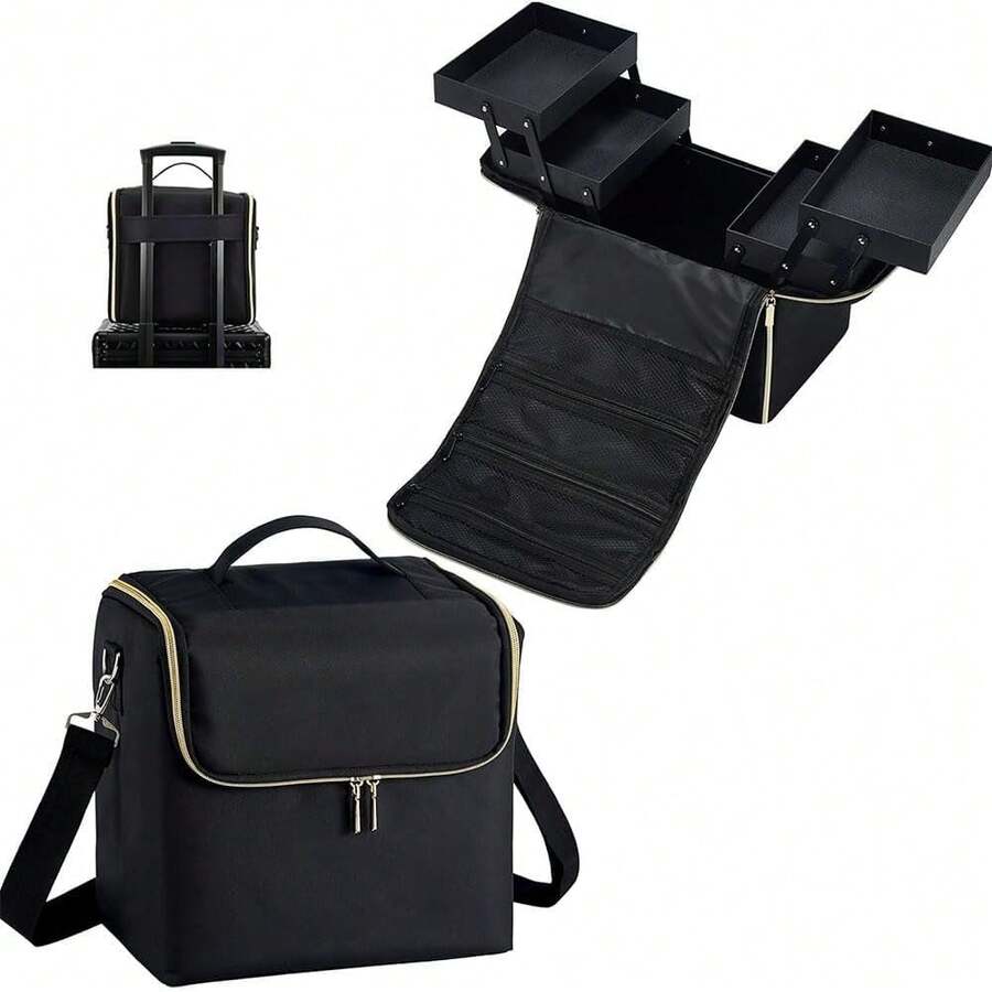 Maletin Maquillaje Grandes Extensibles para Mujeres, Bolsa de Maquillajede Viaje Estuche Organizador de Maquillaje para Viajes, Bandejas Extensibles para Herramientas de Uñas, Joyas(Oro Negro) - Oro negro-3 capas - Ver 1
