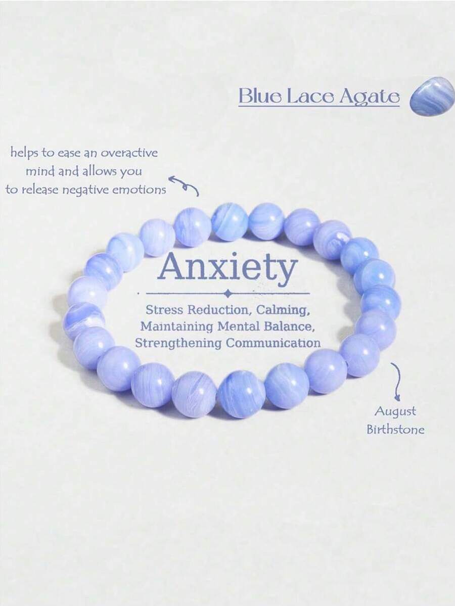 1 Stück 4/6/8mm Blauer Achat Spitzenarmband, Natürlicher Stein Elastikarmband, hilft Angst, Stress und Ruhe zu lindern, Geschenk - blau-violett - Übersicht 1