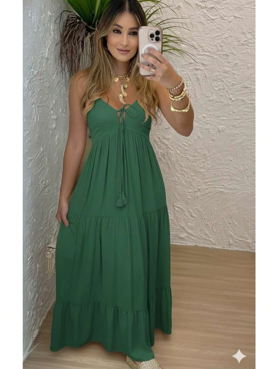 Women's Long Dress, Flowing Style, Thin Straps, V-Neck With Front Tie, Elastic Back - Fits Sizes 36 To 42. - 綠旗 - 查看 1