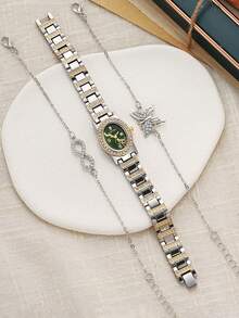 Set de 3 piezas: Reloj de mujer con incrustaciones de óvalo de diamante de imitación y pulsera: Combinación de reloj de cuarzo lujoso y exquisito. Regalo ideal para el Día de San Valentín, Navidad y otras festividades (Caja de regalo no incluida) - Plateado - Ver 4