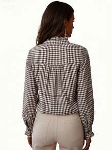 女士格子荷叶边V领衬衫，纽扣长袖格子衬衫，时尚百搭，适合办公室和居家穿着，秋、冬、春三季度假皆宜。 - 藍色 - 查看 4