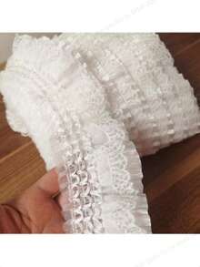 1 Yard Elastic Lace Ruffle Trim, Pleated Curtain Valance Dress Fabric, Black & White Lace Trim, Approx. 9cm Wide - White - View 7
