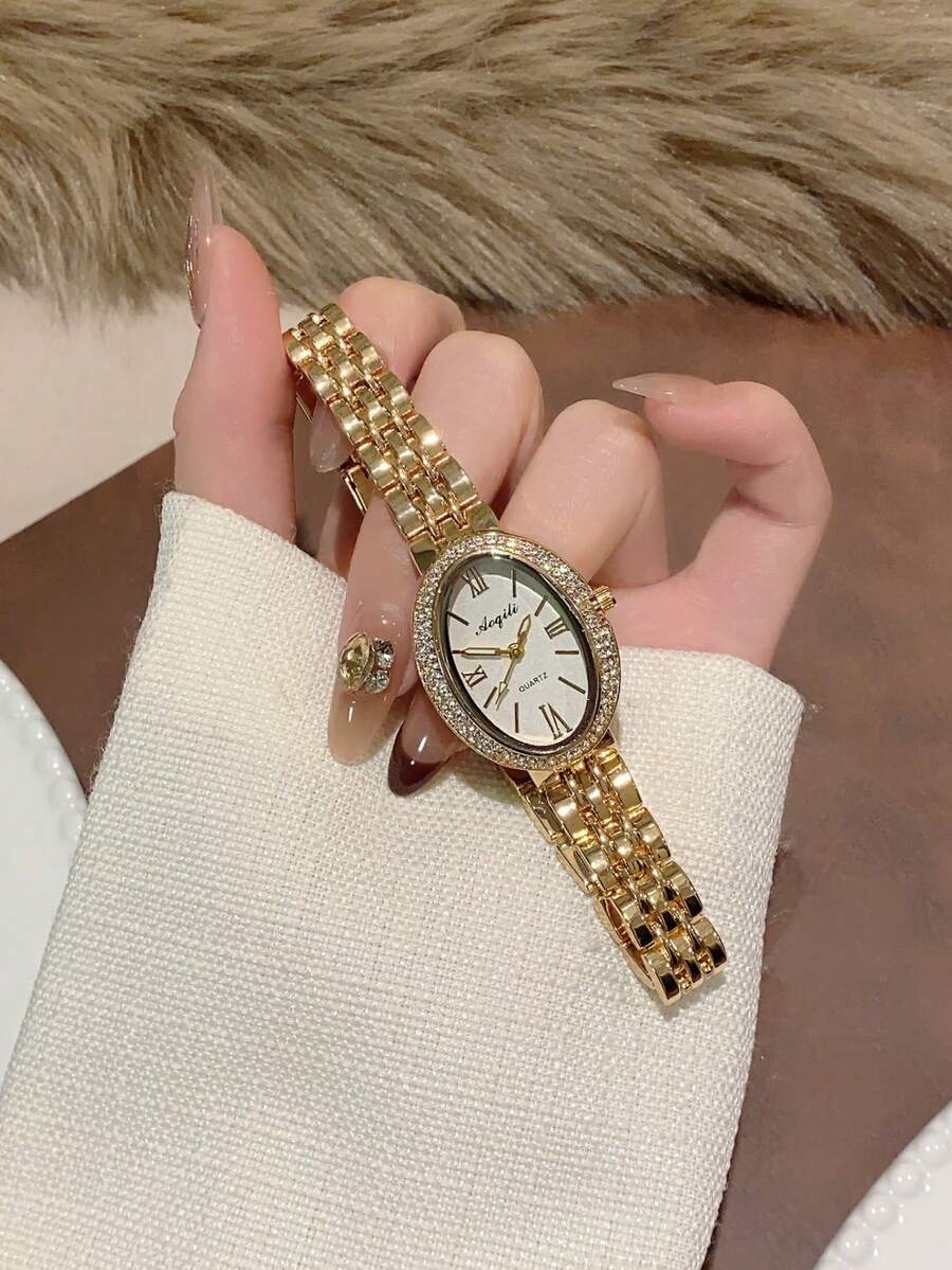 1 Stück Damen Ovale Quarz Uhr, elegant & modisch, geeignet für den täglichen Gebrauch, auch toll als Geburtstags-/Abschlussgeschenk oder für legere Anlässe - Gold - Übersicht 1