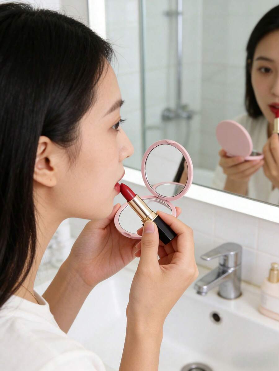 新款便携式双面化妆镜 - 粉色/蓝色/黑色/黄色，多种颜色可选，可爱迷你旅行化妆镜，适合日常使用，适用于学校、宿舍、户外、补妆等场合。