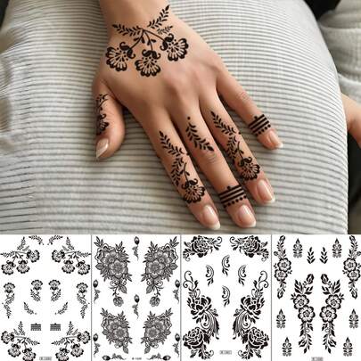 4pcs Black Henna Flower Pattern Waterproof Temporary Tattoo Stickers, Mandala Hand Tattoo, Suitable For Women Makeup, Wedding, Festival, Valentine's Day, Muslim Clothing, Party Gifts