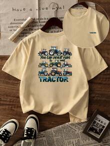 1件幼儿男童休闲印花圆领短袖T恤，夏季学生装 - 彩色字母和玩具车印花T恤，为每个孩子带来欢乐和幸福！ - 杏色 - 查看 2