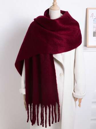 1pc Solid Color Scarf, Warm Neck Accessory For Winter, Thick Knitted Wool Tassel Shawl, Suitable To Pair With Dresses