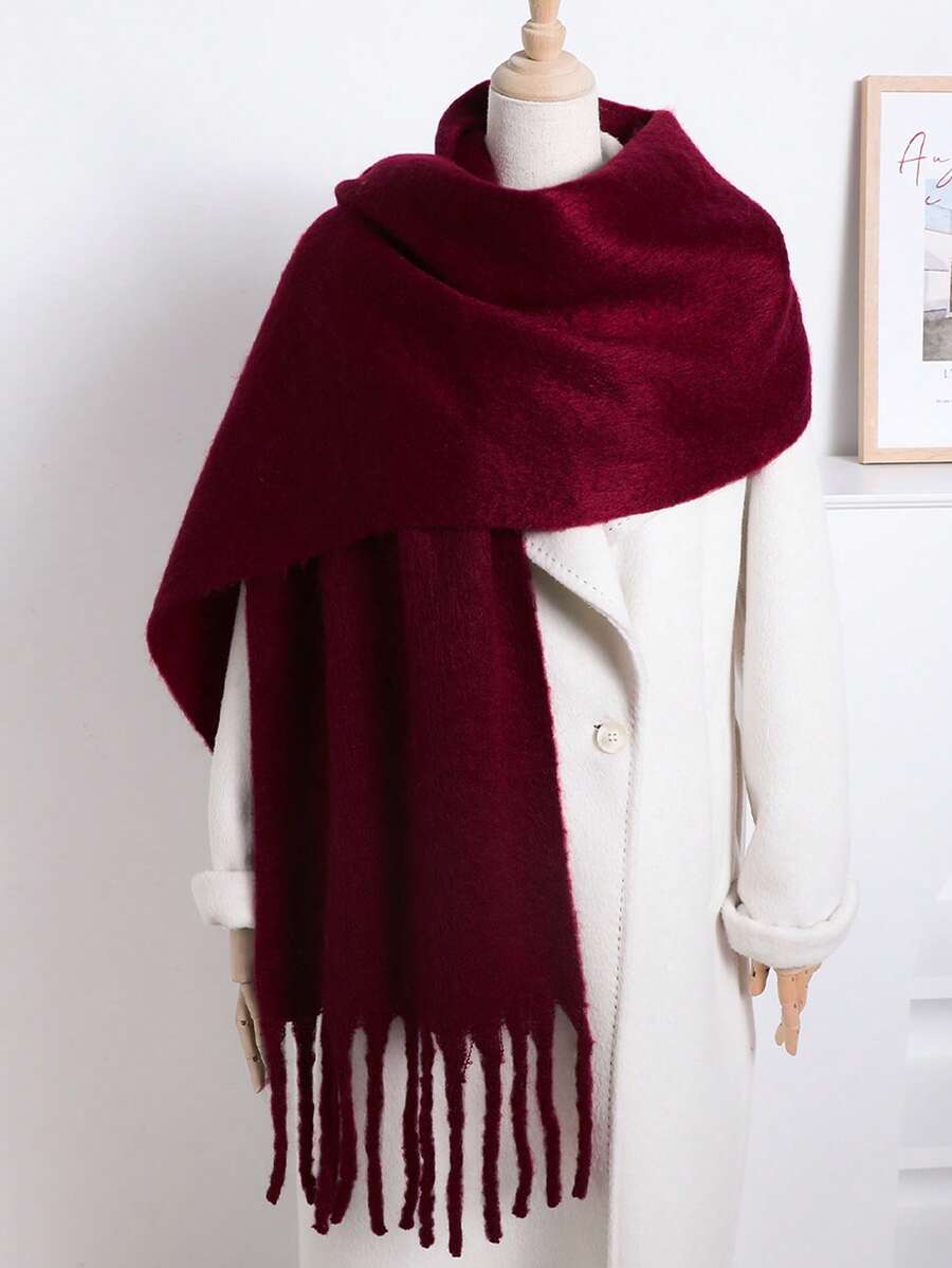 1pc Solid Color Scarf, Warm Neck Accessory For Winter, Thick Knitted Wool Tassel Shawl, Suitable To Pair With Dresses - Red - View 1