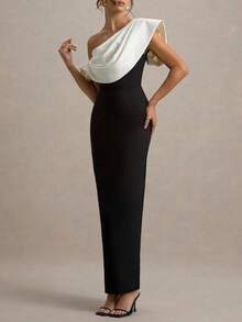 Women's Contrast Color Asymmetric/Asymmetrical Slit Zipper Formal Evening Gown - Black - View 6