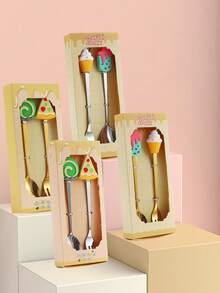 1 pièce/2 pièces Ensemble cadeau de couverts en acier inoxydable - cuillère à dessert et fourchette de dessin animé, brasseur à café, fourchette à fruits - Multicolore - Voir 4