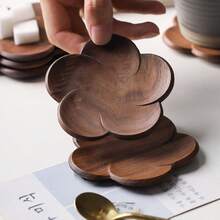 1/2/3/4/6pcs Black Walnut Wood Petal Shaped Coasters, Creative Kung Fu Tea Cup Mats, Wooden Drink Coasters, Heat Insulation Pads - Coffee Brown - View 9