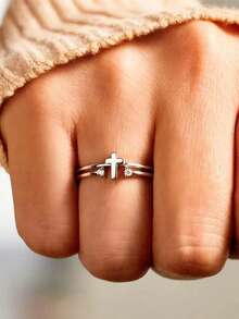 1 chiếc nhẫn hình thánh giá đính đá Cubic Zirconia thanh lịch, kiểu dáng nữ, thích hợp cho đám cưới, lễ đính hôn, kỷ niệm, tiệc tùng, cũng có thể là quà tặng ngày Valentine. - Bạc - Xem 11