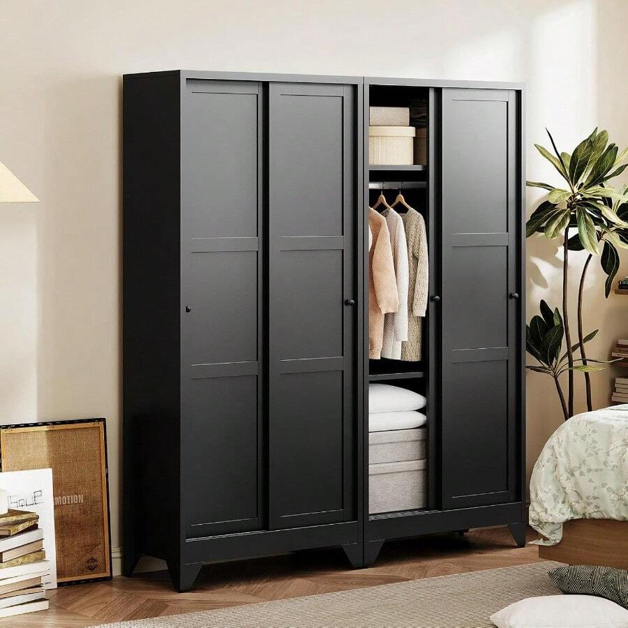 Metal Wardrobe Cabinets68" Tall Armoire Wardrobe Closet With Sliding Barn Doors And Shees Large Coat Closet Cabinet With Hanging Rod Clothing Storage Cabinets For Home Room Black - 黑色 - 查看 1