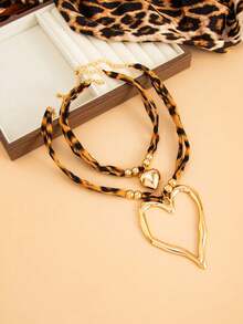 2pcs/Set Bohemian CCB Beaded Fabric Leopard Print Choker Necklace With Heart Pendant, Luxurious & Elegant, Suitable For Vacation, Party, Wedding, Casual Wear, Street Style, Women & Couples, Holiday & Birthday Gift - Necklace - View 7