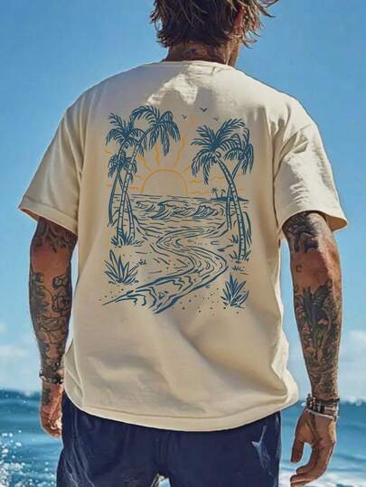 Men's Vacation Style Island Element Print Short Sleeve T-Shirt, Comfortable & Breathable, For Summer