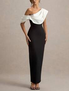 Women's Contrast Color Asymmetric/Asymmetrical Slit Zipper Formal Evening Gown - Black - View 5