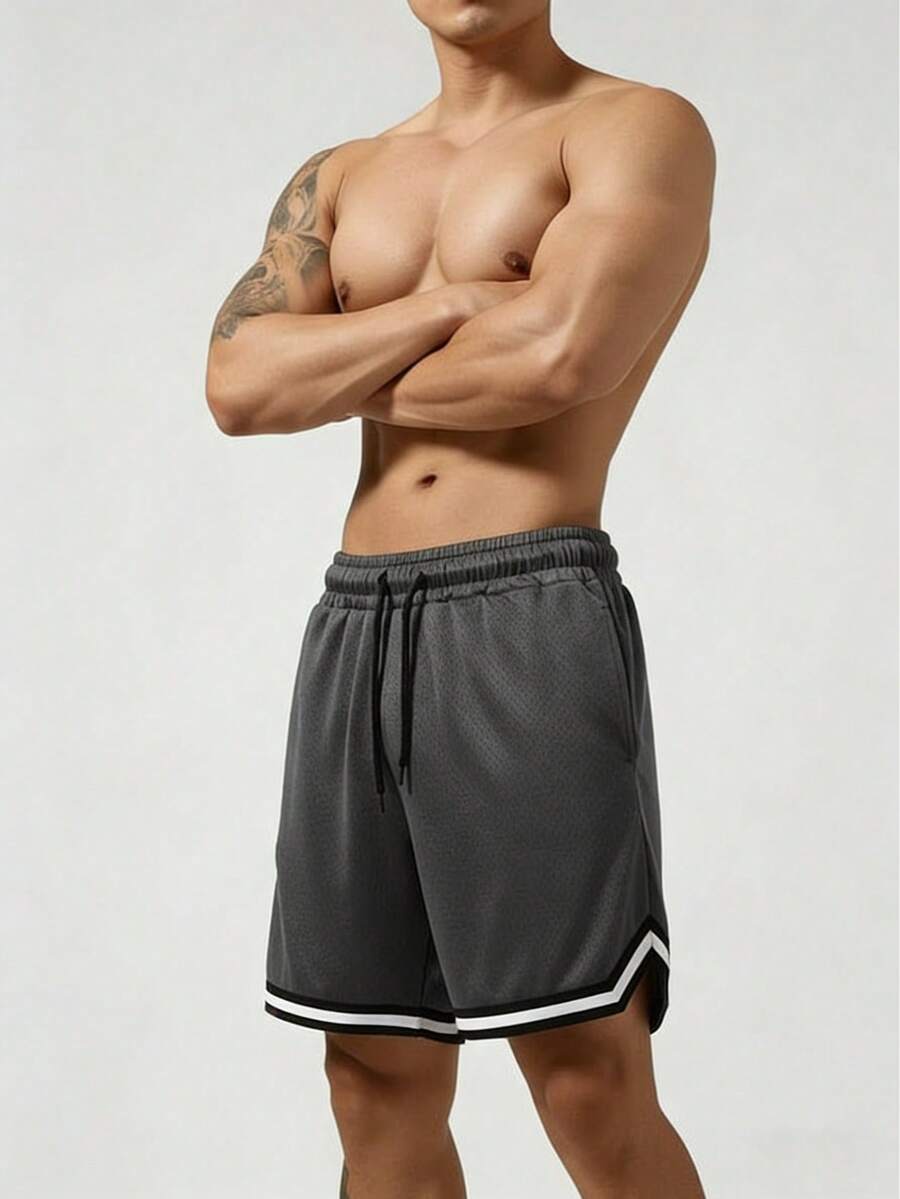 Men's Mesh Fitness Shorts With Elastic Waistband And Adjustable Drawstring - Dark Grey - View 1