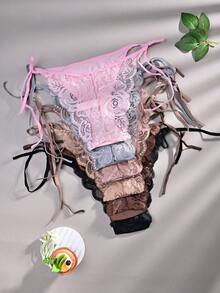 6pcs/Pack - Women's Lace Trim Soft Breathable Bikini Panties, Lace Splice Multicolor Strap Tie Design, Comfortable & Skin-Friendly, Sweet & Sexy Ladies Briefs - Multicolor - View 2