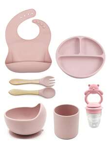7pcs Baby Tableware Set, Customizable With Name & Pattern, Baby Gift, Bib, Plate, Bowl, Cup, Fork & Spoon, Teether