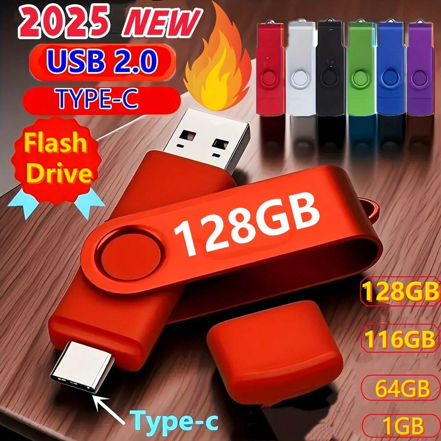 100% Real Capacity High-Speed 2-In-1 USB Flash Drive 1GB/64GB/116GB/128GB, Multiple Colors Available, Dual-Type OTG Memory Stick With Keychain Hole, Suitable For Mobile Phones, Tablets, Laptops, And PCs - Portable External Storage - Red - View 1