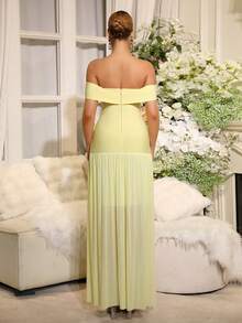 New Sexy Off-Shoulder Sleeveless Heavily Embellished Backless Bodycon Splice Chiffon Maxi Dress, Fashion Party Formal Gown - Light Yellow - View 6