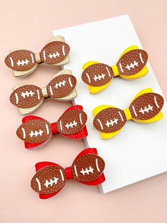 2pcs Football Shaped PU Bow Hair Clips For Kids, Suitable For Daily Wear, Outdoor Activities, Photo Shoots, And Accessory Matching