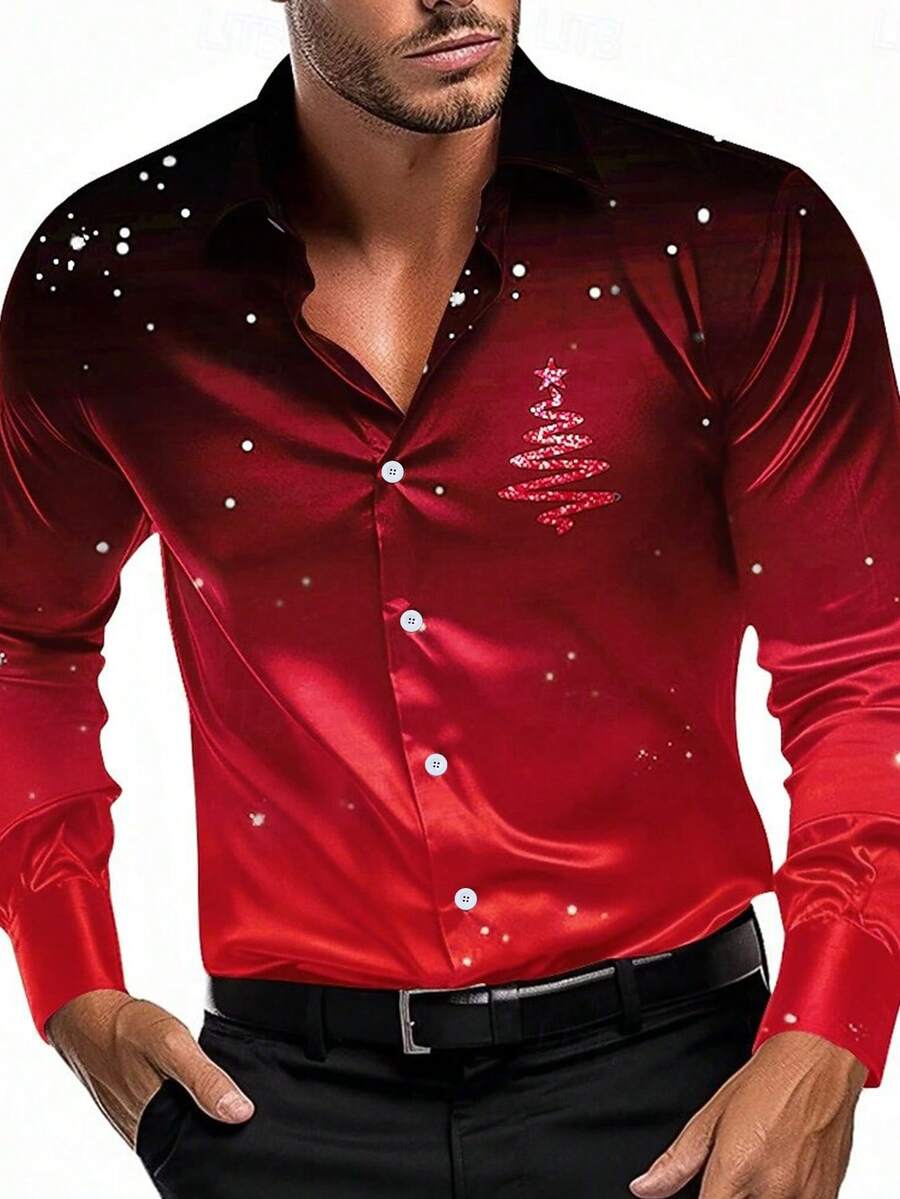 Men's Long Sleeve Collared Christmas Print Casual Shirt - Red - View 1