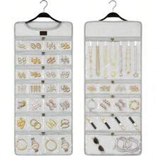Hanging Jewelry Organizer With Dual Zippered Pockets Canvas Double Sided Rotating Hanger Necklace Hanging Wall Organizer Earring Dustproof Holder Wall Mount Accessories Display Bag(Purple)-Trugenix - 淺灰色 - 查看 1