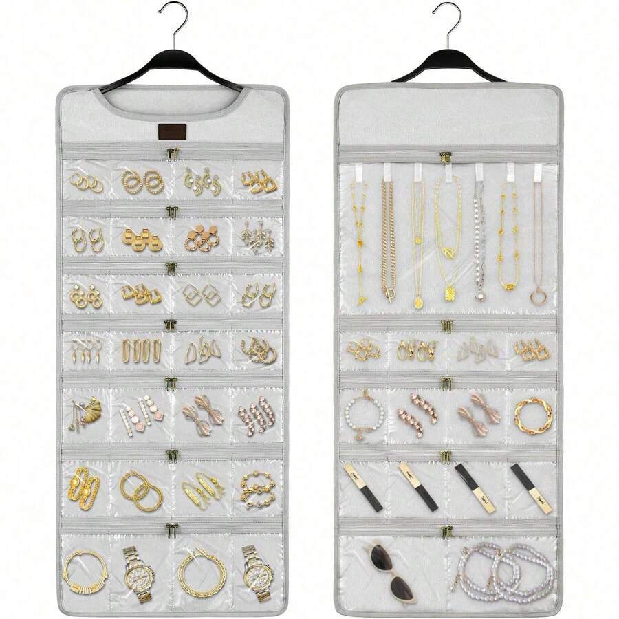 Hanging Jewelry Organizer With Dual Zippered Pockets Canvas Double Sided Rotating Hanger Necklace Hanging Wall Organizer Earring Dustproof Holder Wall Mount Accessories Display Bag(Purple)-Trugenix - 淺灰色 - 查看 1