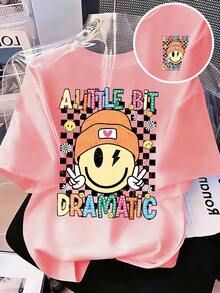 Tween Girls' Casual Loose Fit Cartoon Smiling Face & Letter Print Round Neck Short Sleeve T-Shirt - Pink - View 2