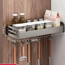 New Space Aluminum Spice Rack | No-Drill Wall-Mounted Kitchen Organizer | Multi-Functional Storage Shelf With Hooks For Seasonings & Household Kitchen Supplies - Light Grey - View 14