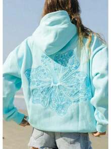 2025Hawaii Hibiscus Letter Print Embroidered Loose Sweatshirt Women's Drop Shoulder Sleeve Ribbed Hoodie Printlong Sleeve Tops,Tops,Hoodies - Màu Xám nhạt - Xem 10