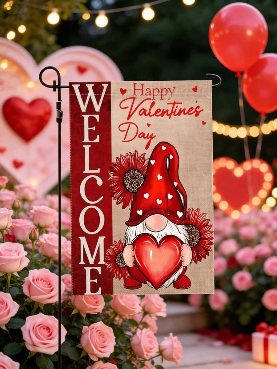 1 pieza Bandera de jardín del Día de San Valentín, bandera de bienvenida de poliéster de doble cara, diseño de gnomo con corazón, decoración exterior de arpillera impermeable, 12x18 pulgadas, con uso multipropósito para el hogar, el porche, el patio - Multicolor - Ver 1