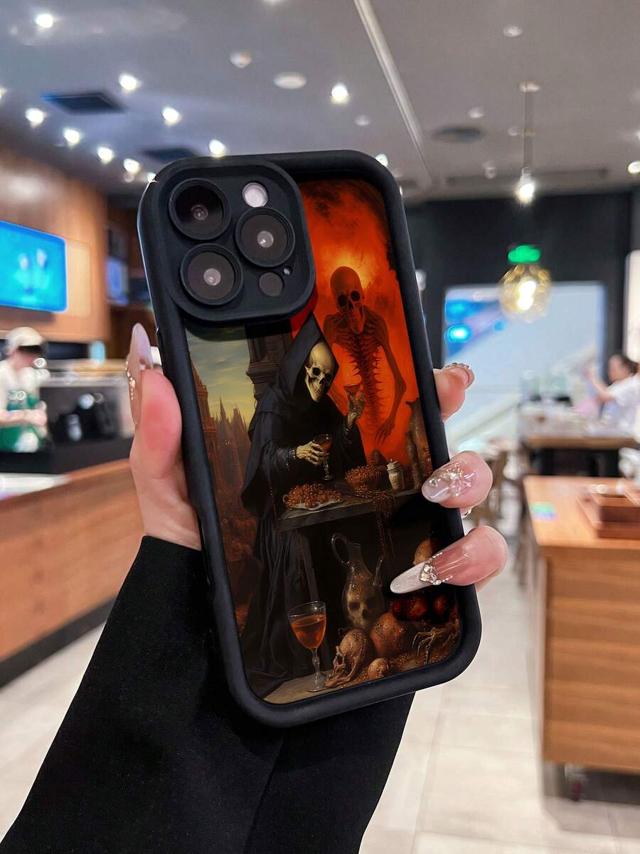 Estuche para teléfono con diseño de Death's Revelry Compatible con estuches para teléfonos 17 16 Pro Max 15 Pro Max 13 y 12 Hecho de material TPU a prueba de caídas, resistente al desgaste y cómodo de sostener Un gran regalo para familiares, amigos, seres queridos, novios/novias y para Halloween y fiestas temáticas - Negro - Ver 1
