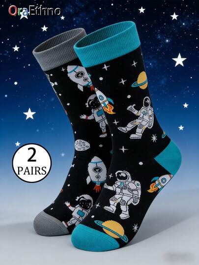 2 Pairs Of Men's Vibrant Space-Themed Crew Socks (Featuring Astronaut, Rocket, Planet & Star Motifs, With One Pair In Black Base & Gray Cuffs/Soles And The Other In Black Base & Turquoise Cuffs/Soles) Printed Sweat Absorbing And Odor Repelling Soft