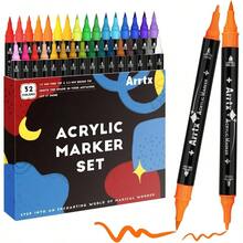 Arrtx アクリルペイントペンマーカー 32色 デュアルチップアートマーカー 子供用 大人用 アクリルマーカー ロックペイント ファブリック 木 キャンバス ガラス セラミック ストーン プラスチック DIYクラフト用品 - 32 個/セット+黒色 - チェックする 8