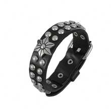 Brazalete de cuero negro exagerado con remaches, brazalete de remaches con picos, brazalete gótico punk de motocicleta, brazalete de cuero ancho, brazalete de puño, brazalete de hebilla metálica, unisex - Negro - Ver 22